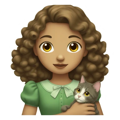 Soft girl wearing green vintage dress with curly brown hair and has a cat sticker