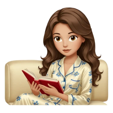 Woman with brunette hair light tanned skin reading on sofa. Long wavy hair. Beige ivory colours. Silk pyjamas. Realistic. Foxeye with lashes. Glamorous makeup sticker
