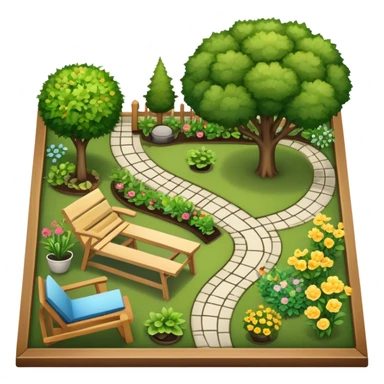 Icon for Landscape Design: a garden layout with trees, plants, pathways, and outdoor furniture, along with design tools like a ruler, pencil and sketchpad. The icon should represent the creativity and planning behind landscape design. Transparent background. sticker