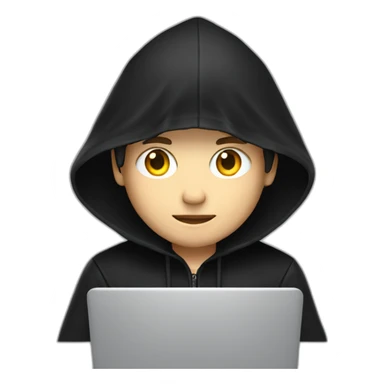 Young white developer with a black hood behind his laptop on a desktop sticker