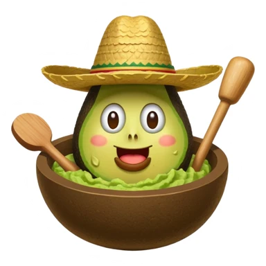 avocado in a bowl of guacamole wearing a sombrero with a mallet swinging down toward its head, whack-a-mole action, iOS emoji style sticker