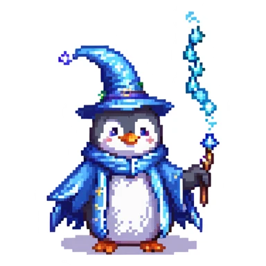 a penguin wizard casting a spell, with sparkles and a blue robe, pixel art style sticker