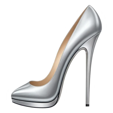 A pair of high heel shoes emoji made of polished silver chrome, elegant sharp silhouette, smooth metallic surface, glossy reflections, luxury sexy vibe, minimalistic iOS emoji style, centered, clean white background sticker
