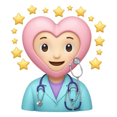 Cute pastel emoji of a smiling heart wearing a stethoscope like a hug, tiny brain inside, little sparkle star, soft glow, rounded edges, cozy and aesthetic. sticker