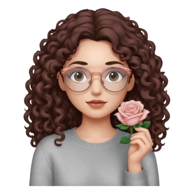 aesthetic white girl with dark brown, long curly hair and black eyes  , light grey sweater top and rose gold glasses sticker