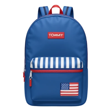 simple blue backpack, at the bottom pocket there is a  tommyjeans logo featuring a Tommy Jeans-inspired logo. The logo looks like a vertically-striped American flag in red, white, and navy. The flag stripes are vertical, not horizontal. Flat

 sticker
