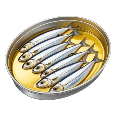 open oval tin showing tightly packed whole sardines in shiny silver skin, slightly overlapping and nestled in golden oil or tomato sauce, clean outlines, glossy preserved texture, no fork, garnish, or label, just the open tin and contents, soft lighting, subtle shadows, emoji scale sticker