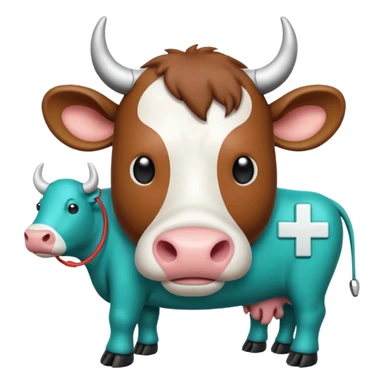Emoji-style icon of a cow and buffalo with a medical cross and warning pulse or health indicator, showing disease detection. Simple emoji design, teal and white theme, no text, transparent background. sticker