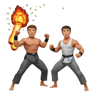 Arnold Schwarzenegger and Sylvester Stallone, surrounded by explosions, weapons, and martial arts moves. The design should capture the high-energy, dynamic nature of their films. Transparent background. sticker