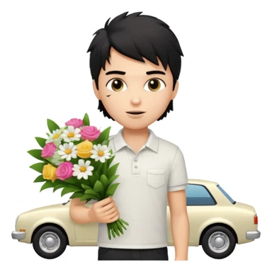generate a pretty fair bratz boy with a messy mullet (black hair), wearing a white polo.  carrying a bouquet made of money. expensive car behind him sticker