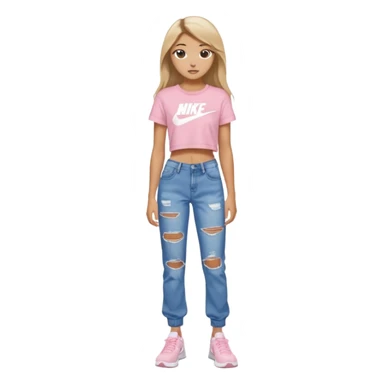 preppy teenage girl, tan, less blonde highlights, brown long hair, long eyelashes, beach aesthetic, wearing cute clothes, wearing ripped blue long baggy jeans with a light pink sexy crop top, wearing Nike shoes, very sexy, very long eyelashes, very pretty sticker