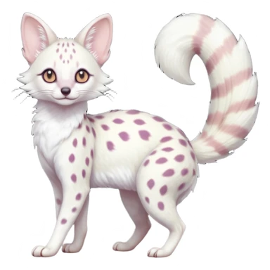 White Albino frosty snow-white whitish pastel-grey-spotted Serval-Civet-Genet-Trico-Furret-Linoone-Noibat-Espeon-Fakémon-Pokémon-animal-hybrid-fusion-creature (full body) with vibrant glowing eyes, cute, elegant, soft, realistic, pastel fur sticker