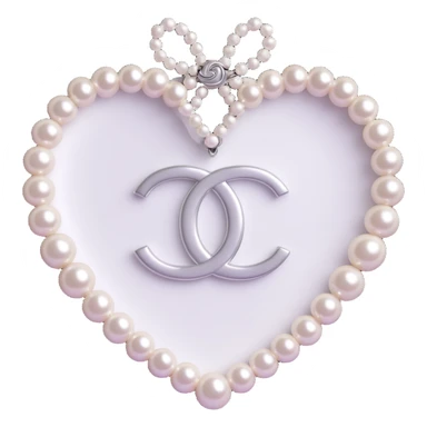 glossy white heart encircled by a string of pearls, with a silver Chanel logo overlay, elegant, black and white palette sticker