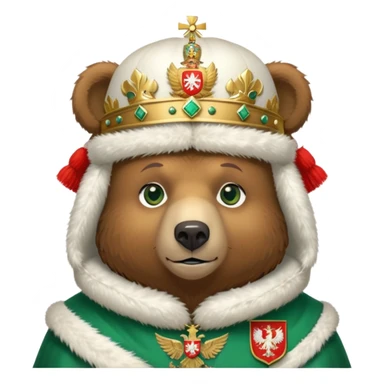 Just the head of a cute brown bear with green eyes, wearing white fur ushanka hat with highly detailed realistic Russian Federation coat of arms, showing double-headed eagle with crowns, scepter, orb and St. George shield, iOS emoji style sticker