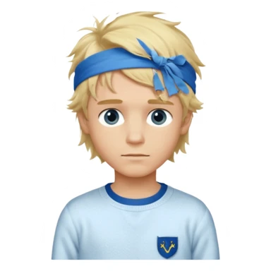 Create a look for a blond boy with long, tousled hair, light eyes, a white sweater, a wealthy appearance, blue eyes, and accessories like a Rolex or Cartier watch, and a cute face with messy hair down. blue eyes + headband white + pajama sticker
