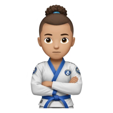 Mixed race boy BJJ instructor with pony tail afro hair and shaved bald sides haircut, Make the hair brown and the belt blue. Add the roger Gracie academy logo on the go also and the p logo of progress jiu jitsu on the right arm sleeve  at the top sticker