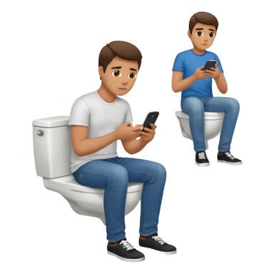 Man on toilet playing on phone while people wait to use bathroom sticker