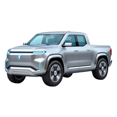 A futuristic electric pickup truck emoji, silver chrome body, angular cyber design, smooth metallic panels, subtle reflections, minimalistic proportions, iOS emoji style, centered composition, clean white background, soft lighting sticker