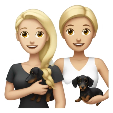 Blonde white woman and Brunette white woman holding black and tan dachshund sticker