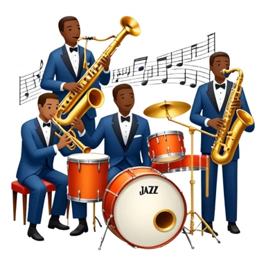 Icon for Jazz Music: The Jazz Messengers, featuring a dynamic composition with Art Blakey on drums and musicians playing saxophone, trumpet, and piano. Musical notes and a warm jazz club atmosphere emphasize the vibrant hard bop style. Transparent background. sticker