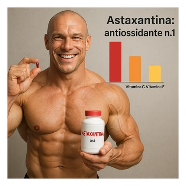 hyper realistic bodybuilder smiling showing Astaxantina, vitamin C and vitamin E, defined muscles, bar chart, text 'Astaxantina: antiossidante n.1', positive atmosphere sticker