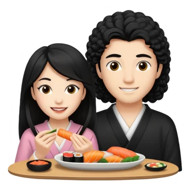 czarnowłosa ksieżniczka w dlugich wlosach je sushi z chłopakiem o czarno brązowych kręconych włosach i są zadowoleni i są nastolatkami i te włosy są lekko krecone i chłopak ma włosy do wysokosi nad brwiami sticker