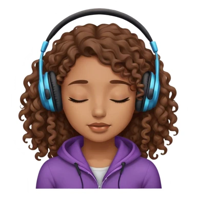 Light brown skin girl, long curly brown flat hair, eyes closed, headphones on listing to music sticker