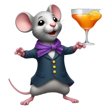 a dancing mouse with a small scarf holding a fancy cocktail sticker