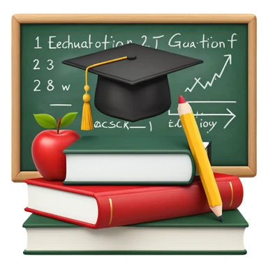 An icon featuring a chalkboard with educational equations, an apple, and a pencil, symbolizing pedagogy. The design includes a stack of books and a graduation cap, representing teaching and learning. Transparent background highlights the dedication to education and mentorship. sticker