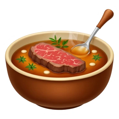 beef stock in a bowl, brown liquid, a bone and herbs visible, emoji style sticker