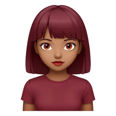beautiful girl with dark maroon medium hair, straight bangs and red bando, red eyes and brown tshirt  sticker