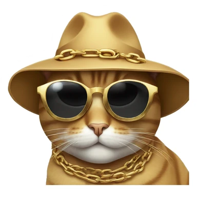Cat wearing black sunglasses with a chain and a hat sticker