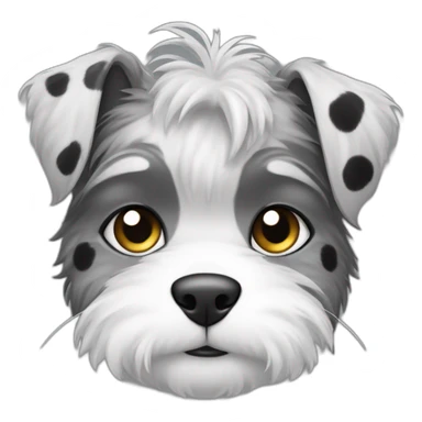 Half of the head and body of a white fluffy cat with black spots and attached to it the head and body of half of a Schnauzer dog are gray sticker