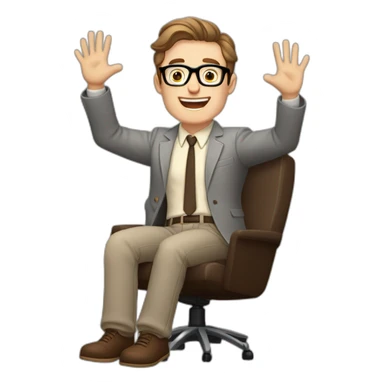 Joyful Celebrating victory Hands up Pale skinned Fit Man With dark brown hair in gray jacket, beige office shirt, Brown pants and vintage glasses sitting In a soft chair sticker