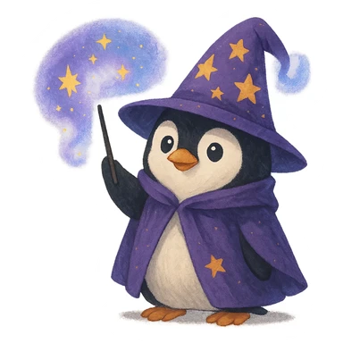 penguin wizard waving a wand wearing a purple hat with an enchanted aura sticker
