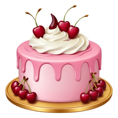 Round pink frosted cake with textured buttercream sides, placed on a gold cake board.
White whipped cream swirls on top, each topped with glossy red cherries with stems, clean studio lighting, isolated background, realistic minimal smooth emoji-style. sticker