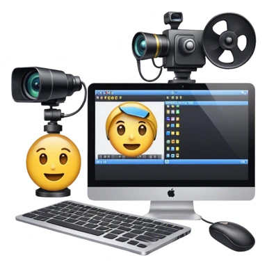Create an emoji of video editing. Should feature a video editing timeline or interface on a computer screen, showing clips and a playhead. Include a video camera and editing tools. No smiley faces. Make the background transparent. sticker