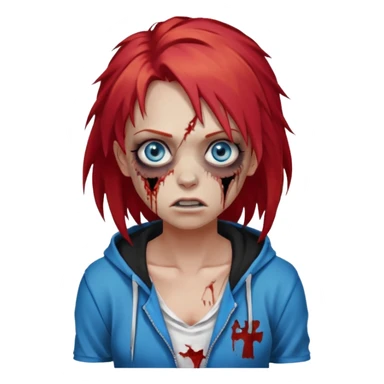 сделай рыжую девушку зомби с избитым лицом, не в полный рост, пусть ее рыжие волосы будут ниже груди с осветленными прядями, глаза у нее будут голубые, а одета она будет в дранную белую майку и черную зип худи sticker