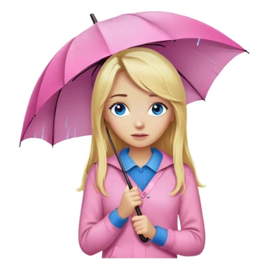 Cinematic realistic emojis in the form of a blonde girl with long hair and blue eyes, dressed in a pink sweater and jeans, holding an umbrella above her, on which rain is dripping sticker