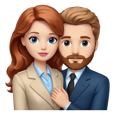 Barbie girl  , eyes blue , Chestnut red long wavy hair In pale beige clothes, Hugs a man with light brown hair Short hair , brown eyes , With a beard and a black suit sticker