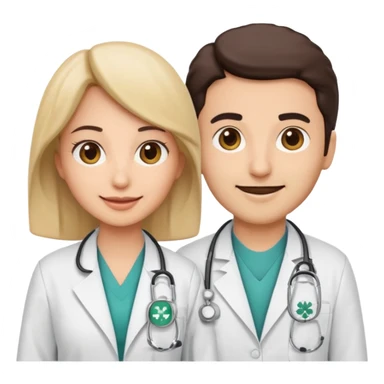 A cute cartoon-style emoji of a Saudi male and female doctors wearing white lab coats with the Alfarabi Medical Laboratories logo. Friendly smiles, soft colors, and simple features, suitable for medical branding and social media. sticker