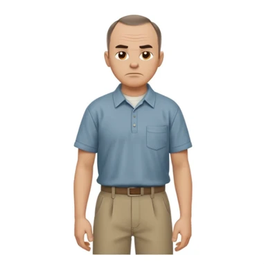 Carl from Sling Blade, serious expression, recognizable features, neutral background, full body, chin sticking out, slouching posture, no glasses, shirt with collar,  side view, the 4th image is good. show his entire body, he is standing. we see him from the side. Not frontal view. Side view sticker