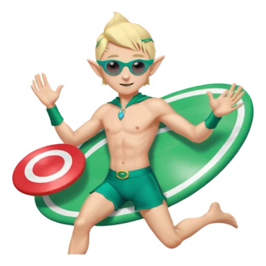 elf male legolas launching a frisbee woven from pure sunlight, wearing sporty teal swim shorts and performance sunglasses, pointy ears, centered emoji sticker