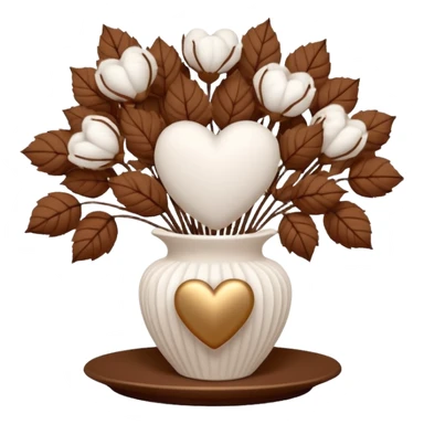 a bouquet of cotton flowers with brown dried petals, in a white ribbed vase on a white tray. next to it is a figurine in the form of a white heart, with a soft glow sticker