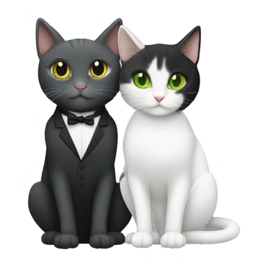 grey and white tuxedo cat with green eyes, cuddling with an all black cat with yellow eyes sticker