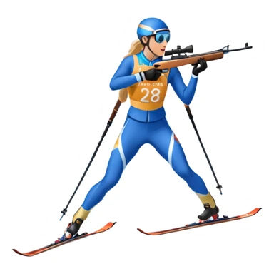 An icon showing a biathlete skiing on a snow-covered Olympic track with a rifle on their back. Cheering fans fill the stands. Majestic mountains, snowy trees, and a bright blue sky complete the scenic winter landscape. Transparent background captures the spirit of biathlon. sticker