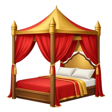bed with red and gold sheets, wooden, canopy, simple, castle like sticker