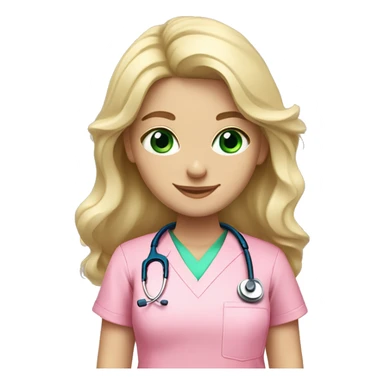 pale blonde girl with long wavy hair and green eyes wearing pink scrubs and stethoscope  sticker