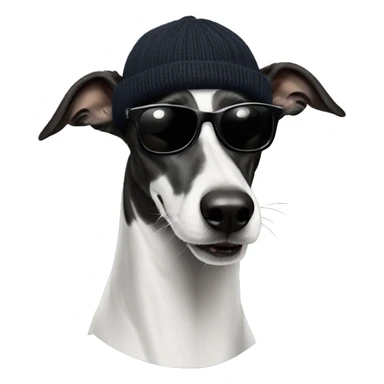 A black and white greyhound wearing cap and sunglasses and a black turtleneck sweater  sticker