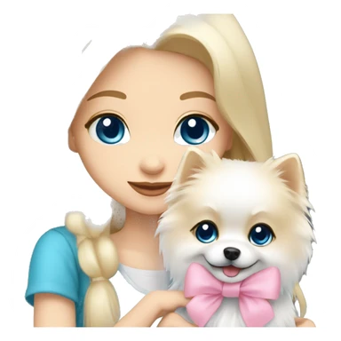 Blond girl white skin blue eyes hugging white Pomeranian with light pink bow sticker